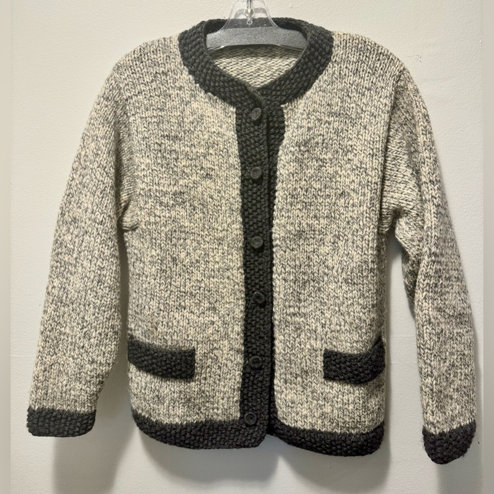 Hand knit Cardigan Sweater light grey white trimmed black thick Wool blend M/L